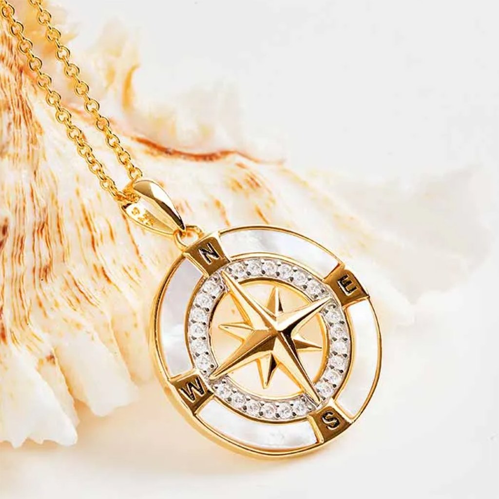 Ocean  Compass Necklace - 14kt Gold Vermeil  MOP CZ