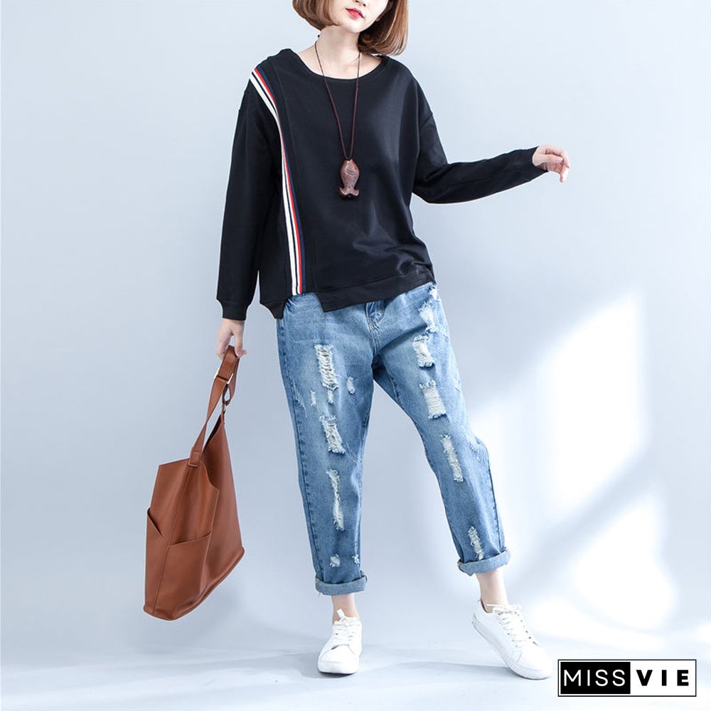 autumn black casual thick t shirt plus size long sleeve patchwork tops