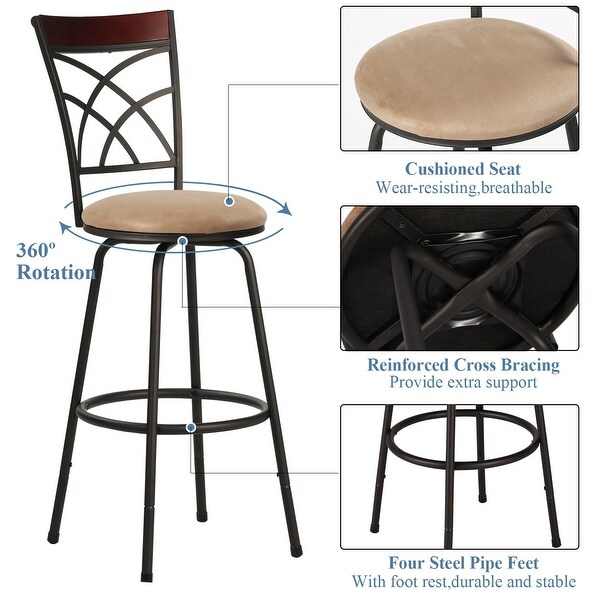 Bar Stools Adjustable Height Swivel Seat， Wood Top Rail Backrest， Set of 2