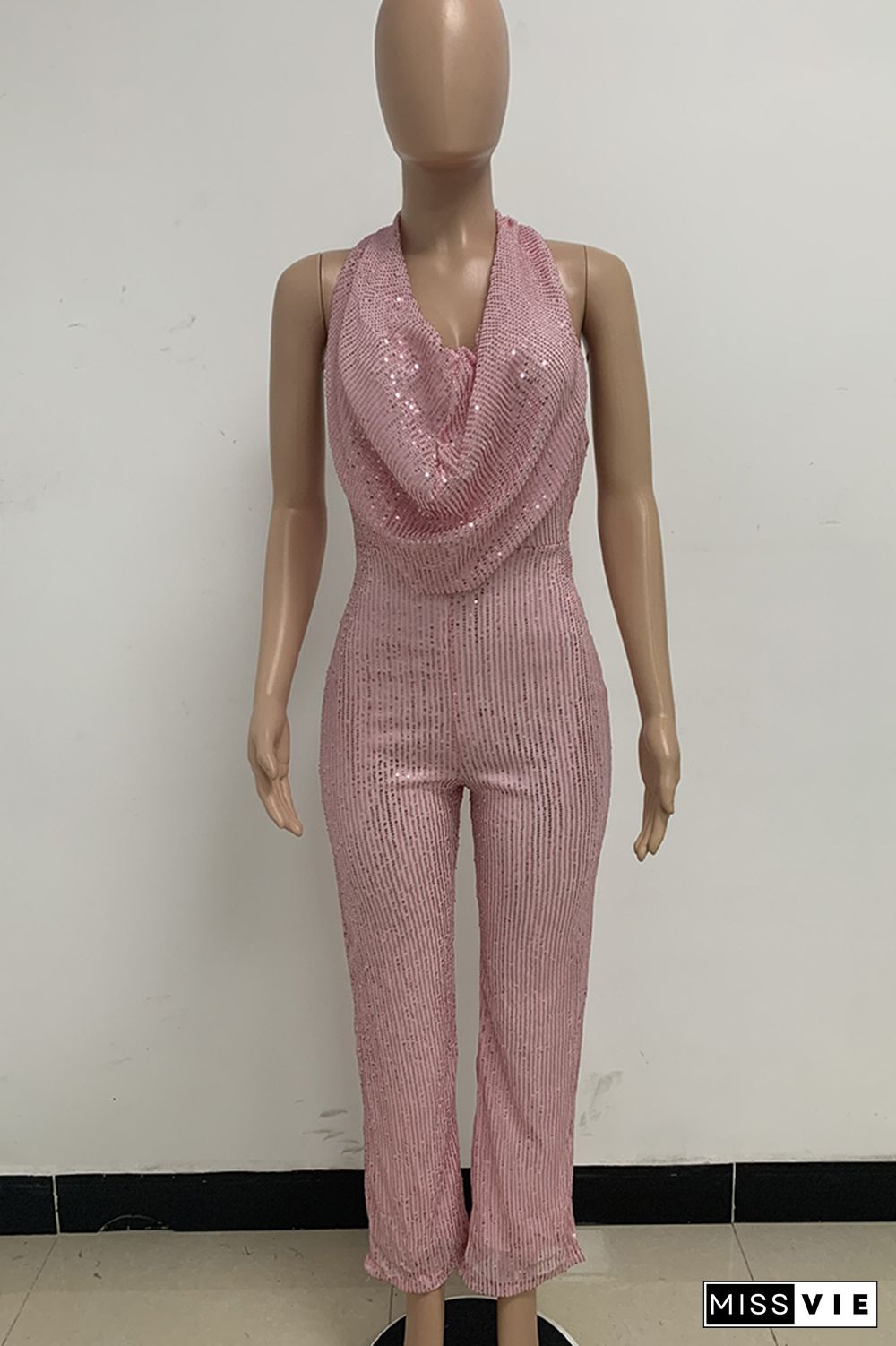 Sleeveless Halter Sequin Glitter One Piece Jumpsuit