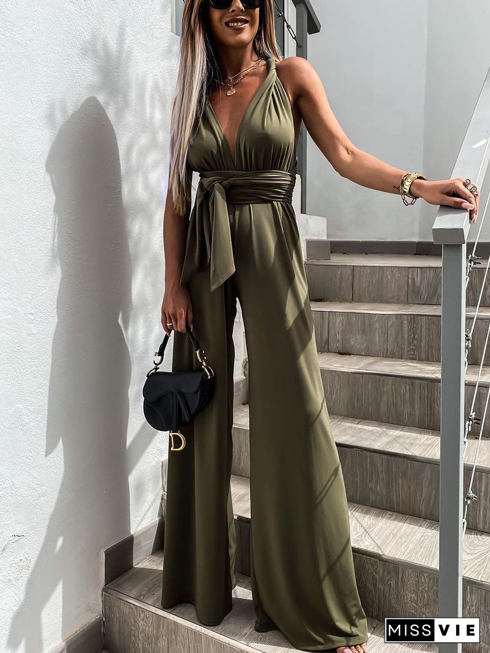 Solid Color Sexy Deep V Lace-up Flared Jumpsuit P15050