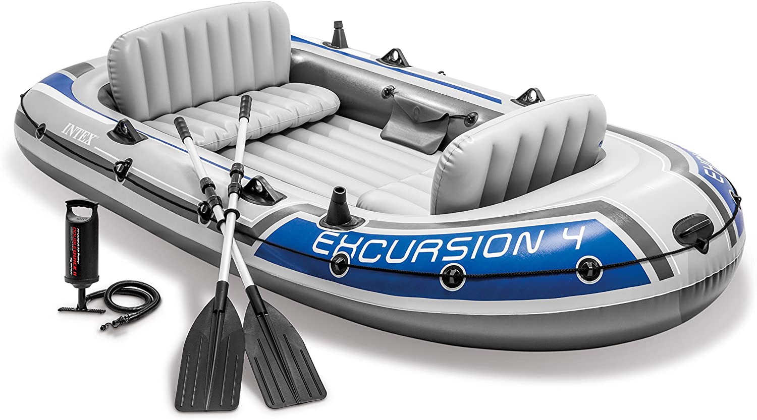 Intex Excursion 4-Person Inflatable Boat Set with Aluminum Oars and High Output Air Pump