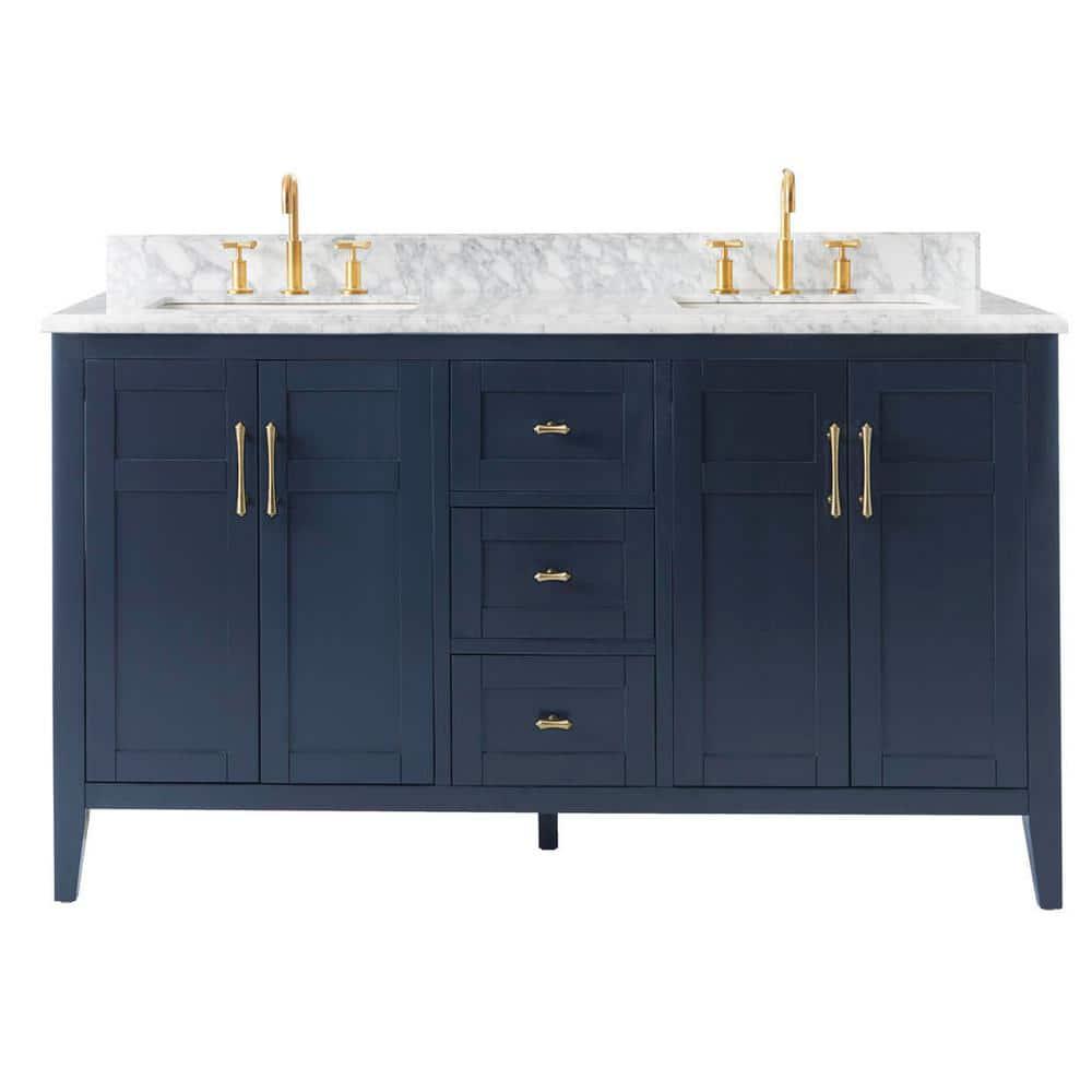 Home Decorators Collection Sturgess 61 in W x 22 in D Bath Vanity in Navy Blue with Marble Vanity Top in Carrara White with White Basins