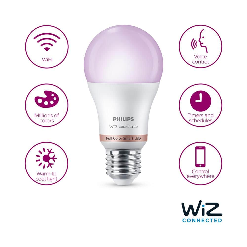 Philips 60-Watt Equivalent A19 LED Smart Wi-Fi Color Changing Smart Light Bulb powered by WiZ with Bluetooth (1-Pack) 562702