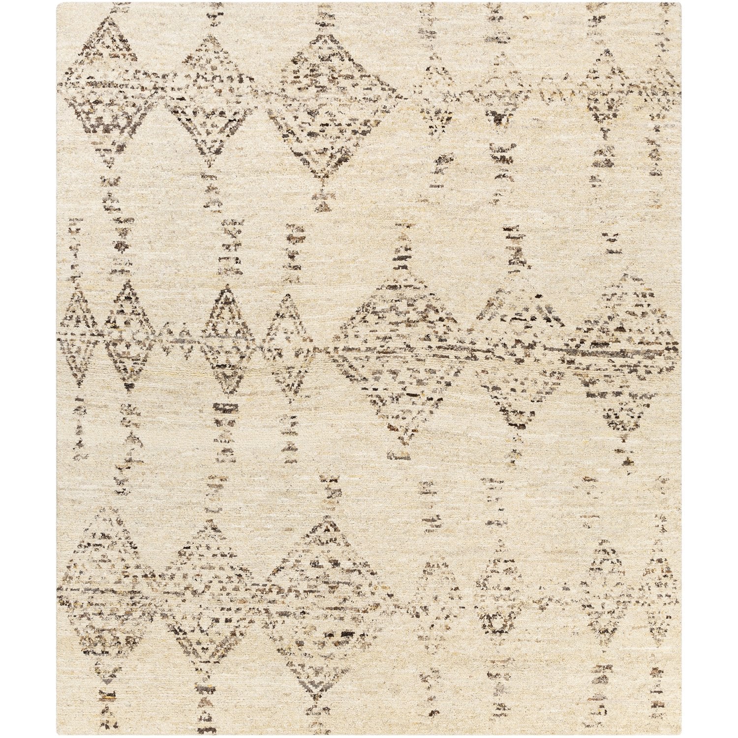 Pampa Hand Knotted Rug in Butter, Cream, Dark Brown, Charcoal, Camel, Black, Mustard