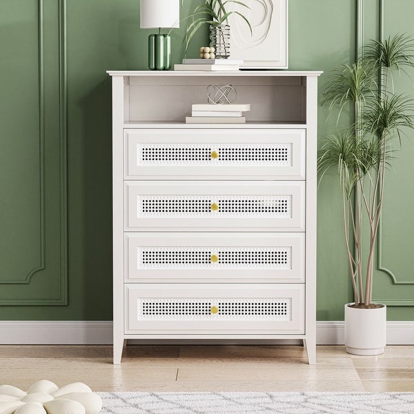 Retro Style 4-Drawer Dresser with Metal Handles， Chest of Drawers with Rattan Panels， Vintage Design Cabinet for Bedroom - - 37952493