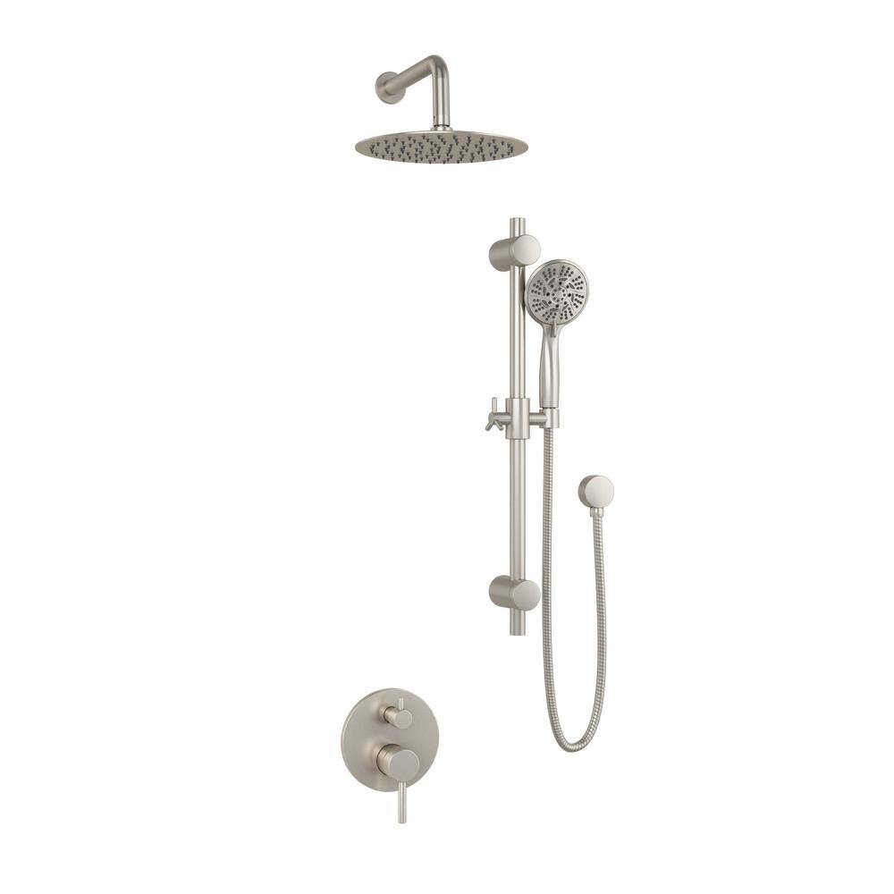 PULSE Showerspas Refuge 6-Spray Patterns with 1.8 GPM 10 in. Wall Mounted Dual Showerheads with Slide Bar and Valve in Brushed Nickel 3006-BN-1.8GPM