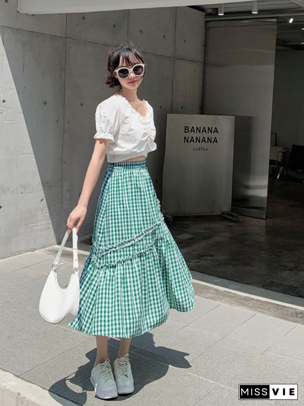 Cotton Linen Plaid Skirt Women Summer Korean Fashion High Waist Mid-length Skrits Female Retro A-line Faldas Mujer