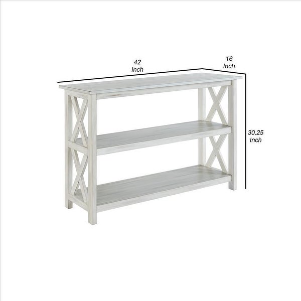 2 Shelf Wooden Entryway Table with X Shaped Accent， White - 30.25 H x 42 W x 16 L Inches