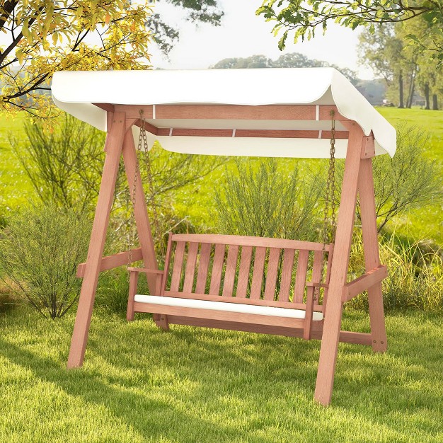 Costway Wood Porch Swing With Canopy Outdoor Patio 2 seat Swing Bench With Cushions Backyard