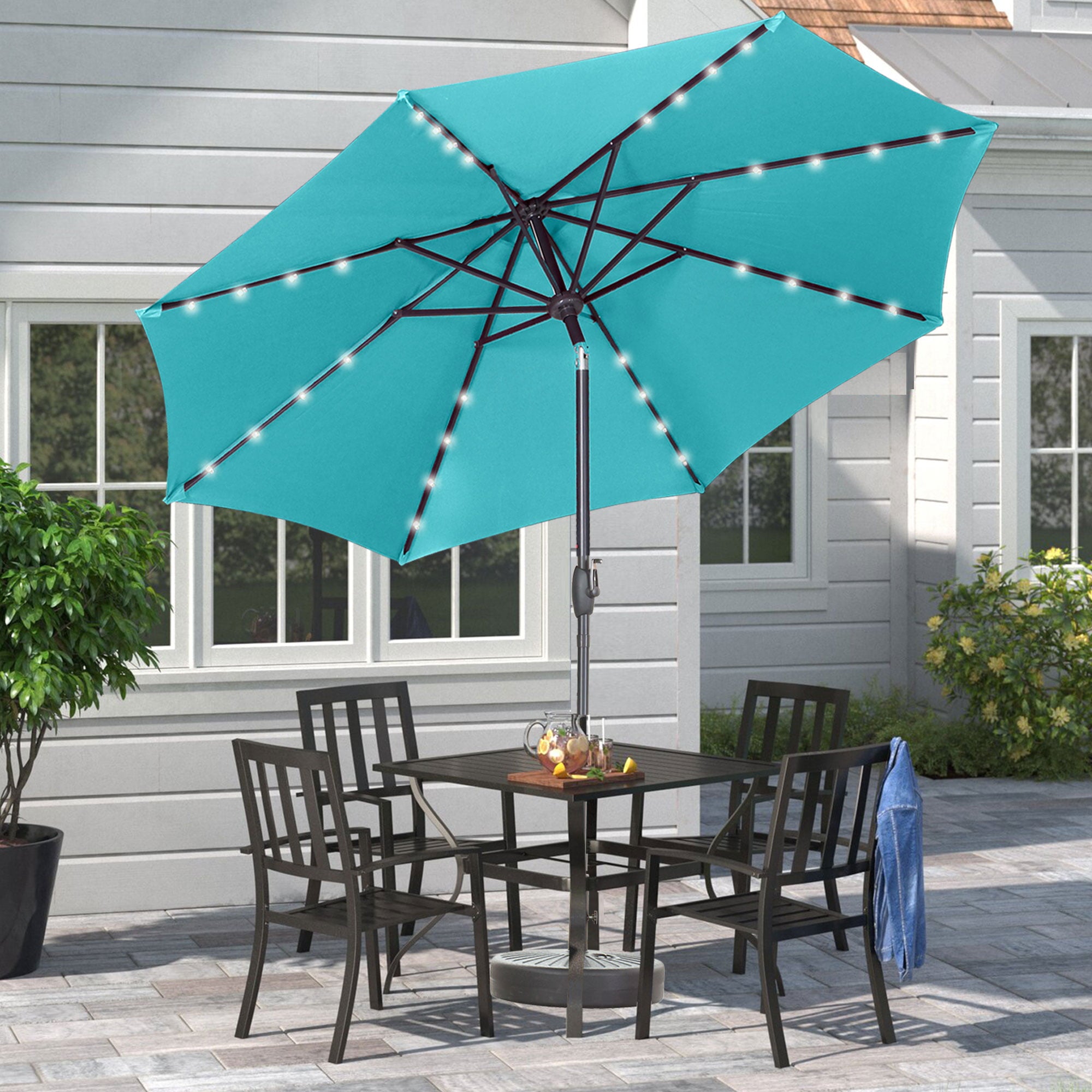 Ainfox 9Ft Outdoor Patio Solar Powered Umbrella with 32 LED Lights 8 Sturdy Ribs ,Table Market Umbrella with w/Tilt Adjustment and Crank for Garden,Deck,Backyard,Pool(Blue)