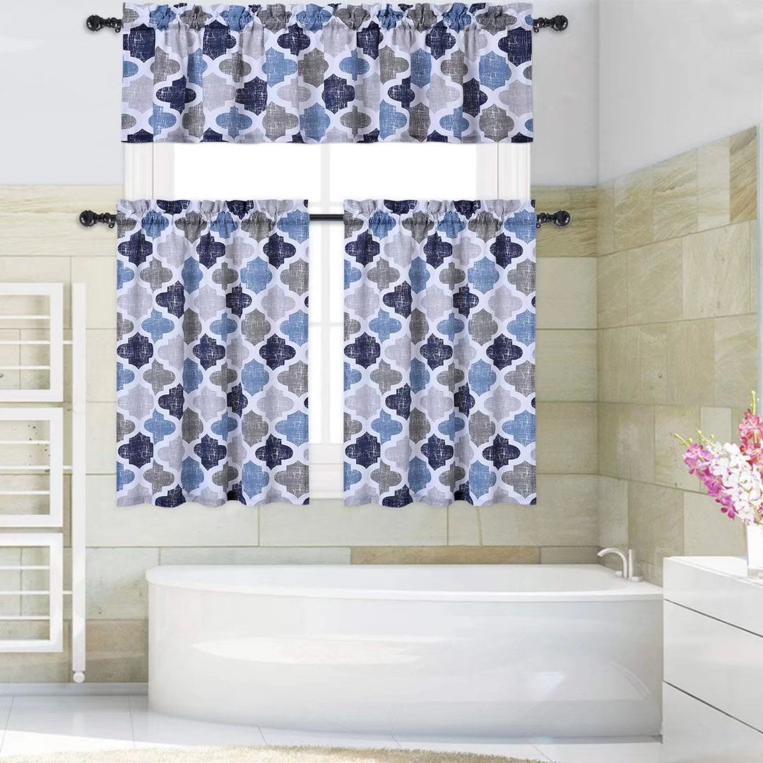 GlowSol 28W x 36L Tier Curtains for Kitchen Moroccan Tile Pattern Short Window Curtains Cotton Blend Blackout Cafe Curtains for Bathroom， Navy Blue Gray， Set of 2