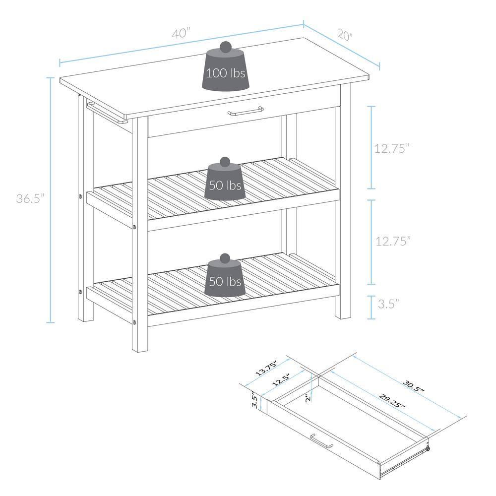 Casual Home Natural White Solid Wood Counter Top 40 in. Kitchen Island Bar Station with Drawer and Shelves 373-91