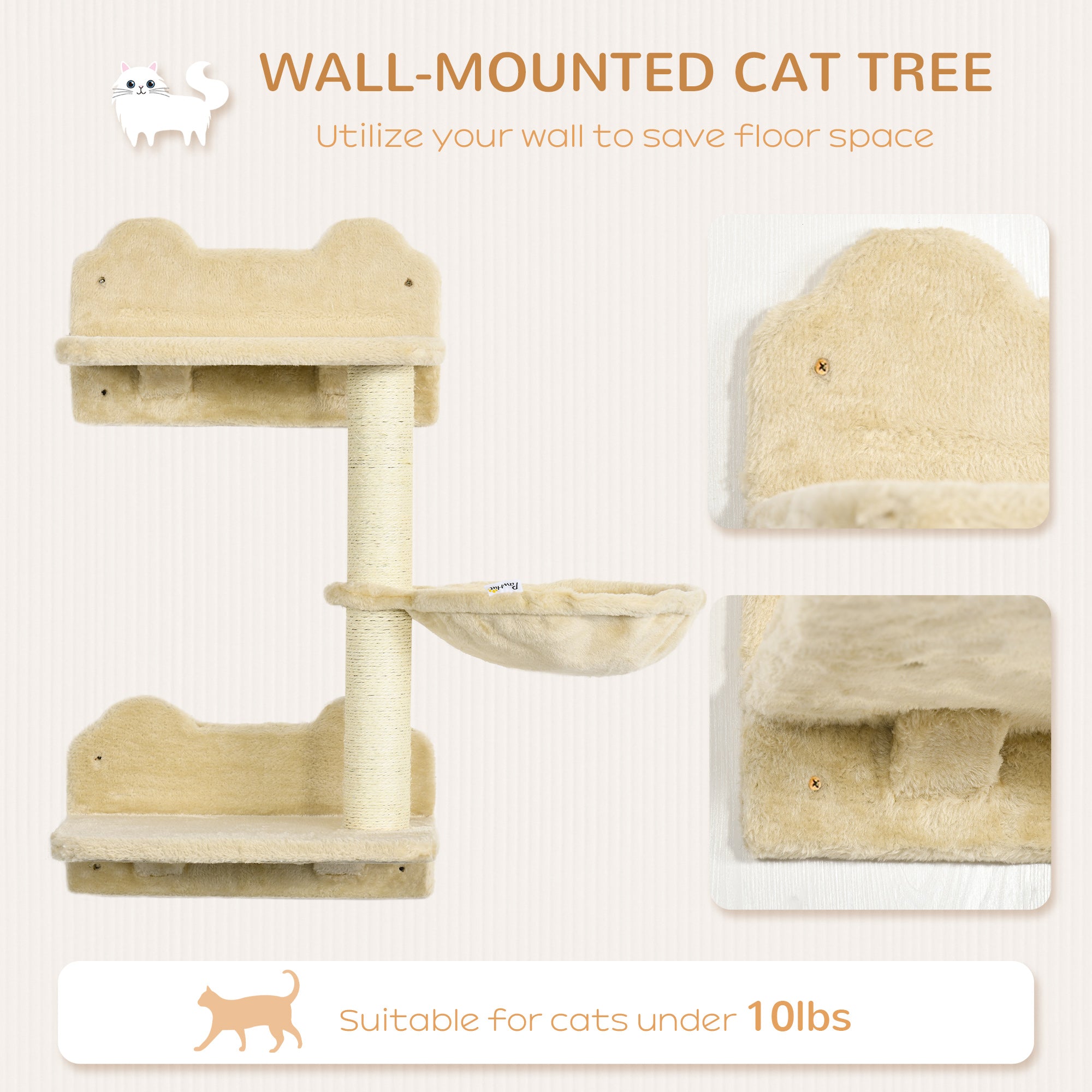 PawHut Wall-Mounted Cat Tree with Hammock for a Cute Cat Bed， Modern Cat Tree with Scratching Post and Cat Shelves， Climbing Playground Kitty Tower