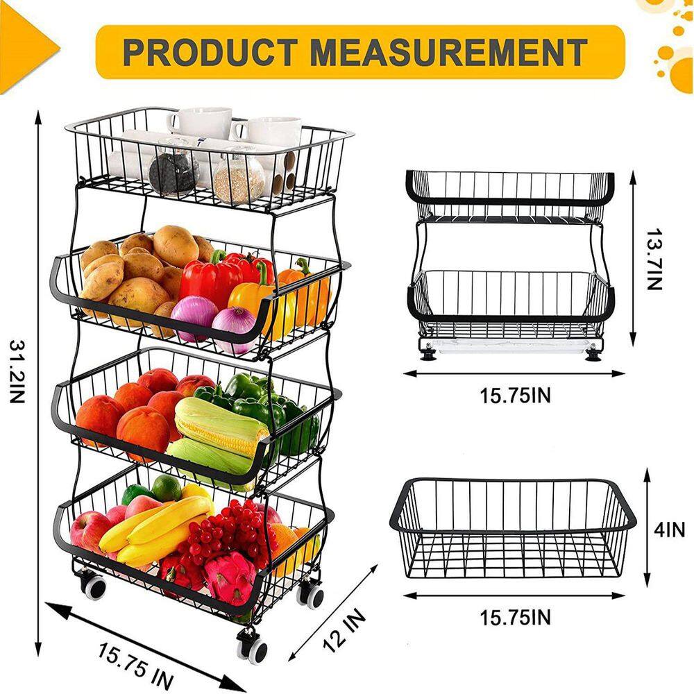 cadeninc Black 4-Tier StackableDetachable Metal Wire Storage Basket Cart with Rolling Wheels MIX-LQMS5-003