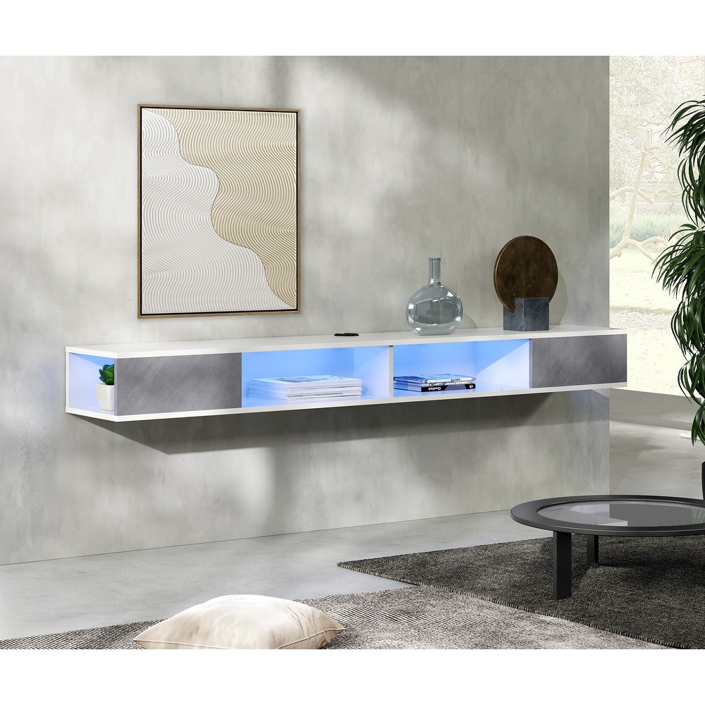 WAMPAT 70 Floating TV Stand Wall Mounted  Floating Entertainment Center for Living Room Bedroom  White Grey