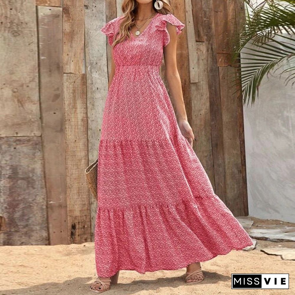 Ruffle Sleeve High Waist V Neck Maxi Dress