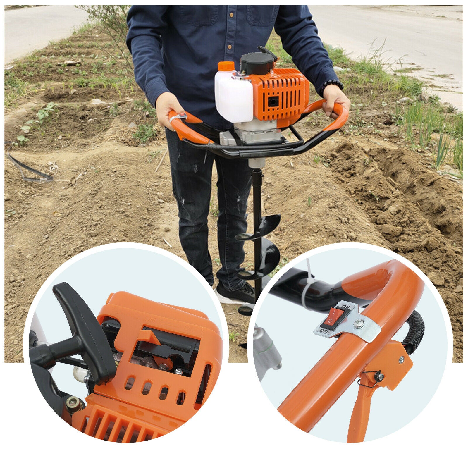 52cc Gas Powered Earth Auger Post Hole Digger Borer Fence Ground Drill 4"/ 6"/ 8" Bits Petrol Auger Set Post Auger Single Cylinder