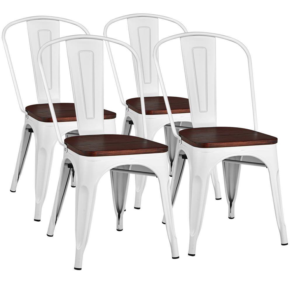 Costway White Tolix Style Metal Dining Chair Wood Seat Stackable Bistro Cafe (Set of 4) HW68514WH