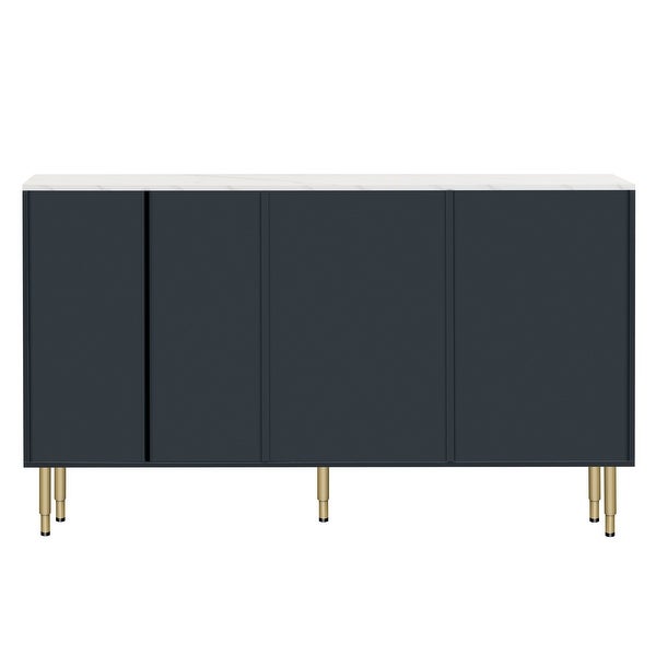 Modern Sideboard MDF Buffet Cabinet Marble Sticker Tabletop and Amber-yellow Tempered Glass Doors with Gold Metal Legs