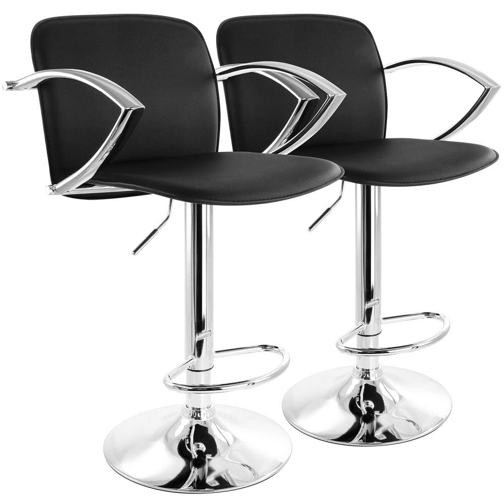 Elama 2-Piece Adjustable Faux Leather 34.25 in. Black Low Back Metal Bar Stool with Chrome Arm Rests and Base 985116748M