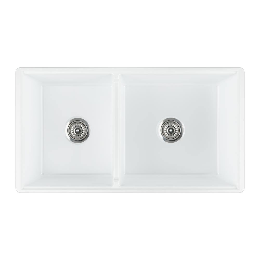 Empire Industries Delux Fireclay 33 in. Double Bowl Farmhouse Kitchen Sink with Workstation DER33D