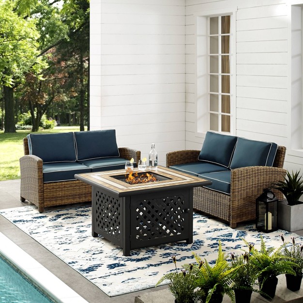 3pc Bradenton Outdoor Steel Fire Pit Set With 2 Loveseats Navy weathered Brown Crosley