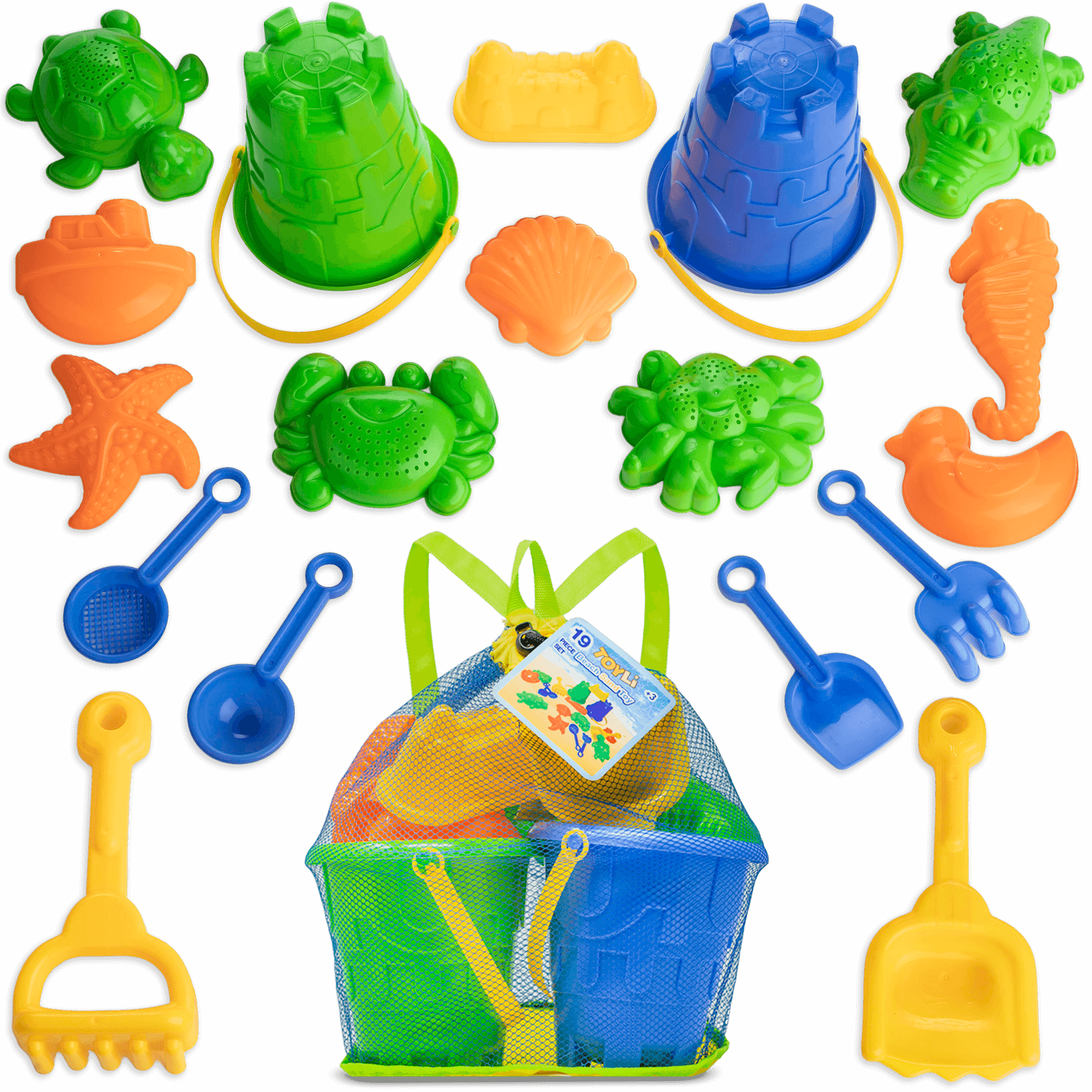 TOYLI Sand Toys Beach Set 19 Pieces, Sand Buckets, Molds, Pail and Shovel Set for Kids Beach Toys