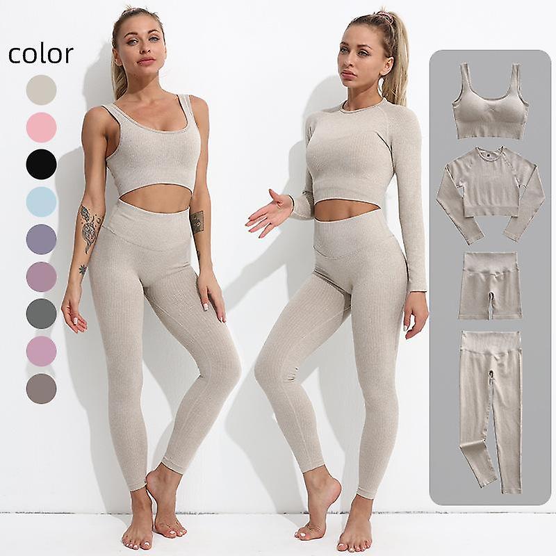 European and American long-sleeved yoga clothes set running sports clothes -Long sleeves in khaki