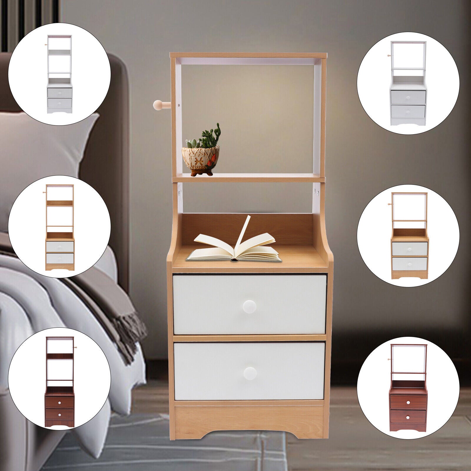 SHZICMY Modern Nightstand with 2 Drawers, Tall Bed End Table/Bedside Table, Wooden Storage Shelf Maple+White