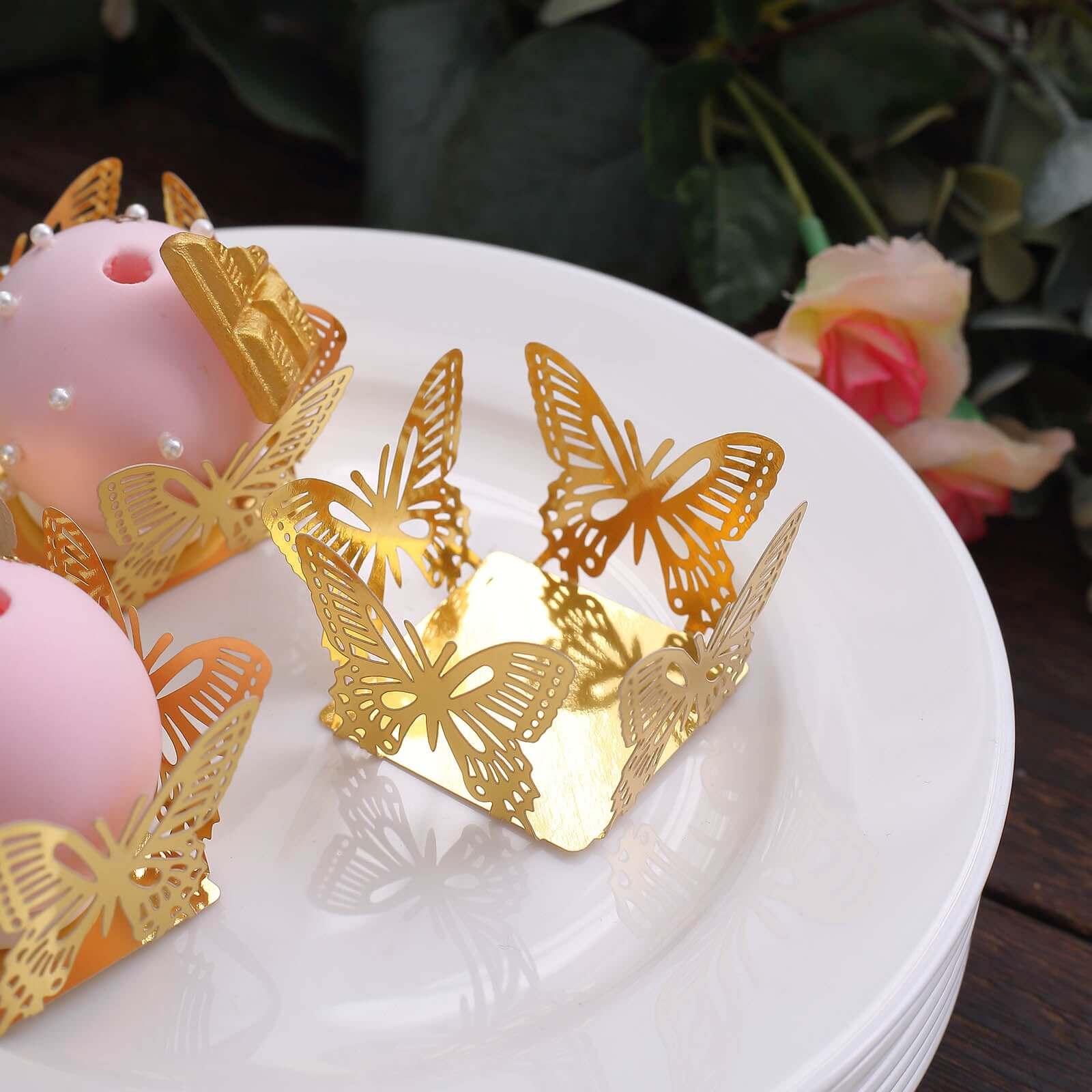 50 Pack Mini Metallic Gold Butterfly Truffle Cup Dessert Liners, Square Cupcake Tray Wrappers 225GSM 4