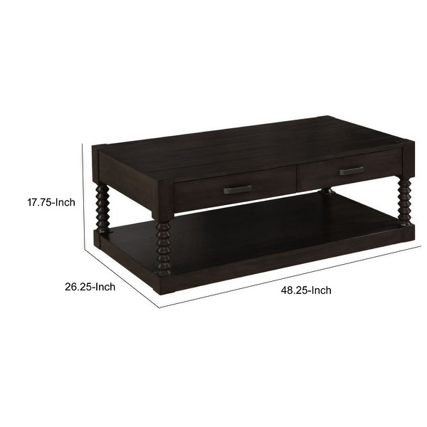 Mika 48 Inch Classic 2 Drawer Coffee Table with Shelf， Spindle Posts， Brown