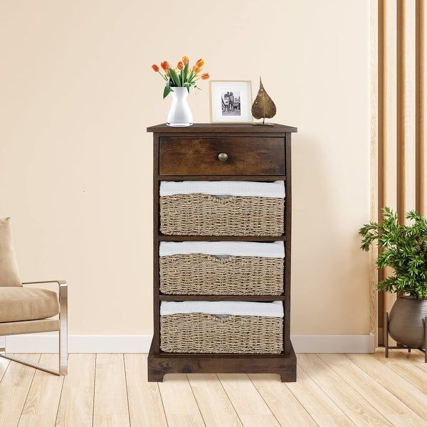 Storage Cabinet with Baskets， 4 Drawer Storage Cabinet for Bedroom， Rustic Natural Wood Brown Cabinet for Bedroom - as picture - - 37668760