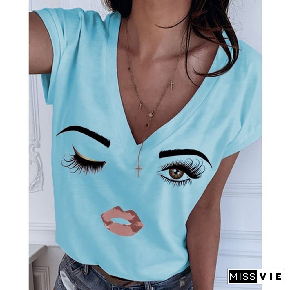 Fashion Women Causal Summer Short Sleeve Eye Lip Printed Graphic Tee Shirt V Neck Plus Size T-shirts Cute Funny Tops Pullover Blouse