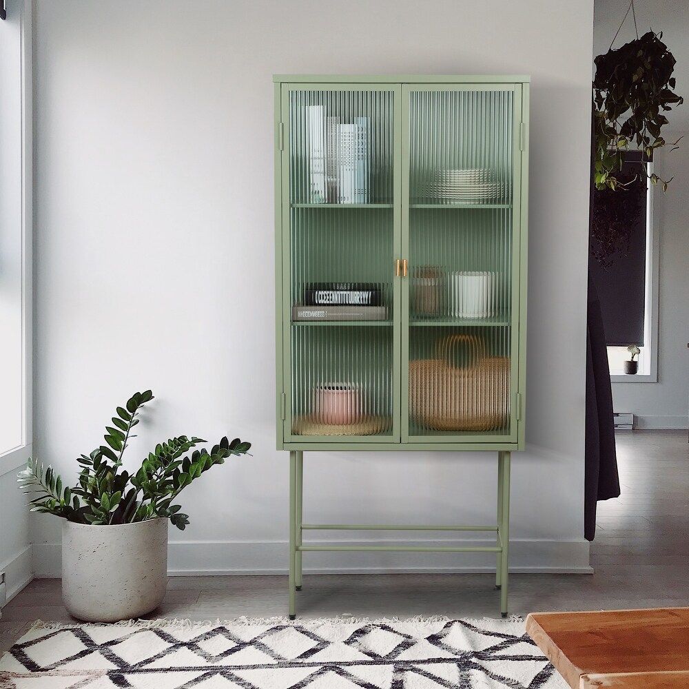 Retro Style Glass High Cabinet with Three Wide Enclosed Shelves