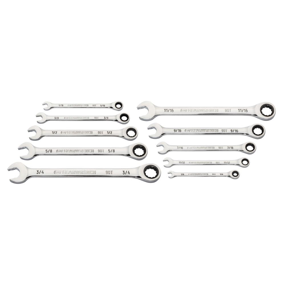 10 Pc. 90T 12 Point SAE Combination Ratcheting Wrench Set