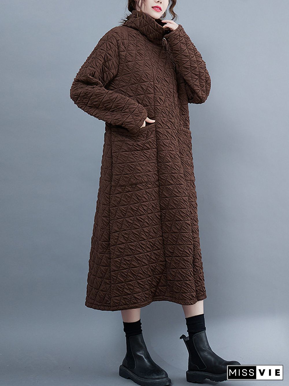 Casual Long Sleeves Loose Solid Color Textured High-Neck Cotton Padded Midi Dresses