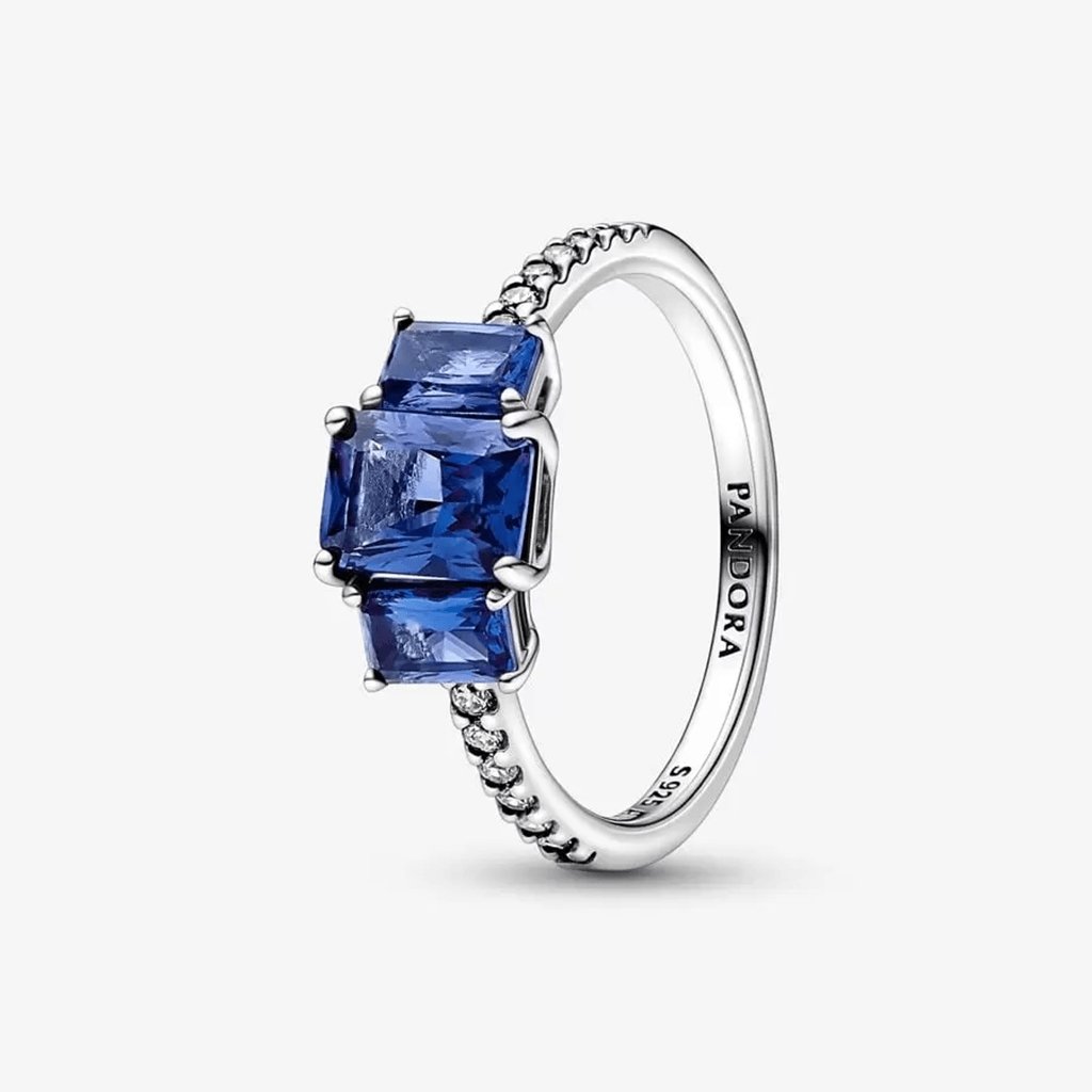 PANDORA  Blue Rectangular Three Stone Sparkling Ring