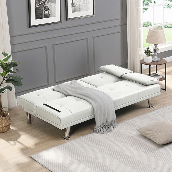 Wood Frame Futon sofa bed with Armrest， two holders