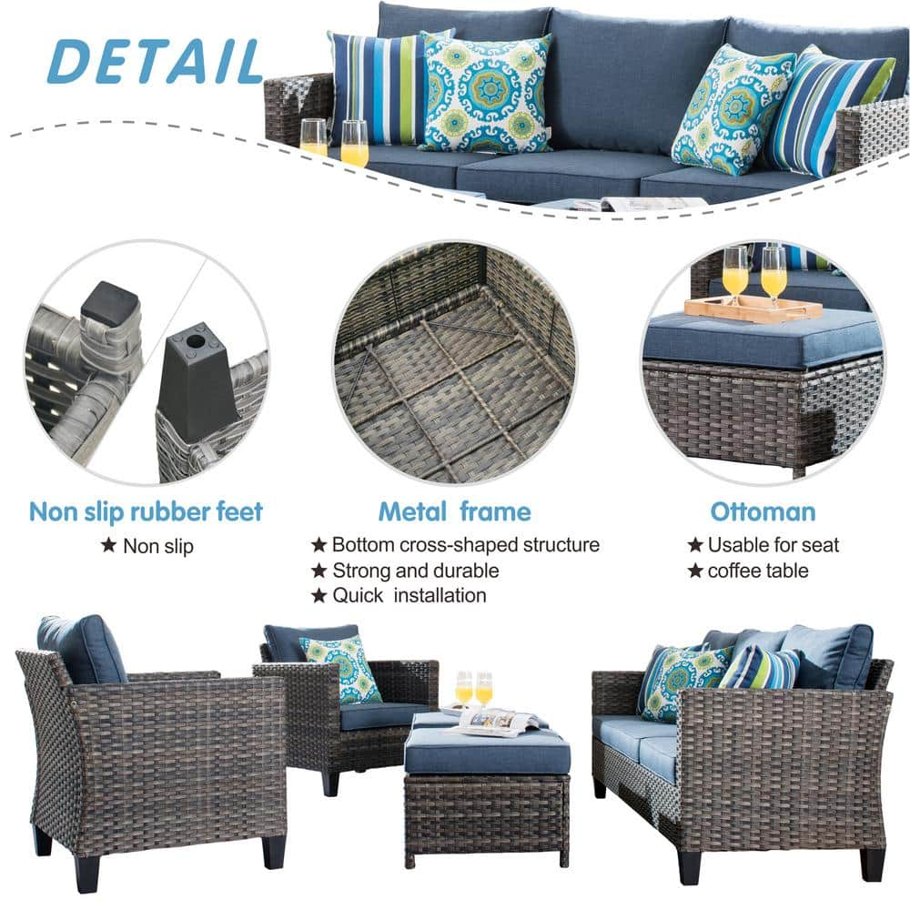 OVIOS New Vultros Gray 5-Piece Wicker Outdoor Patio Conversation Seating Set with Blue Cushions GRS302