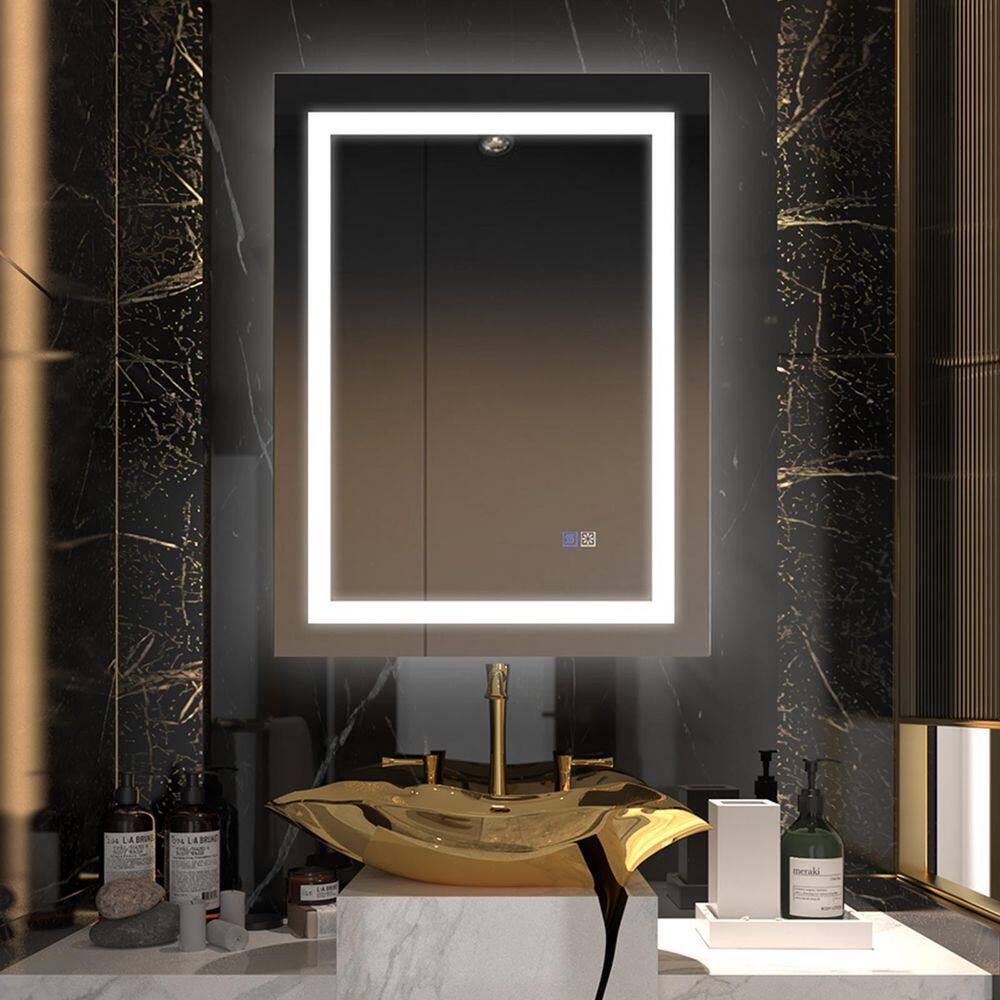 ES-DIY 24 in. W x 32 in. H Rectangular Frameless LED Light and Anti-Fog Wall Bathroom Vanity Mirror in Matte White HOY1REBM2432VC