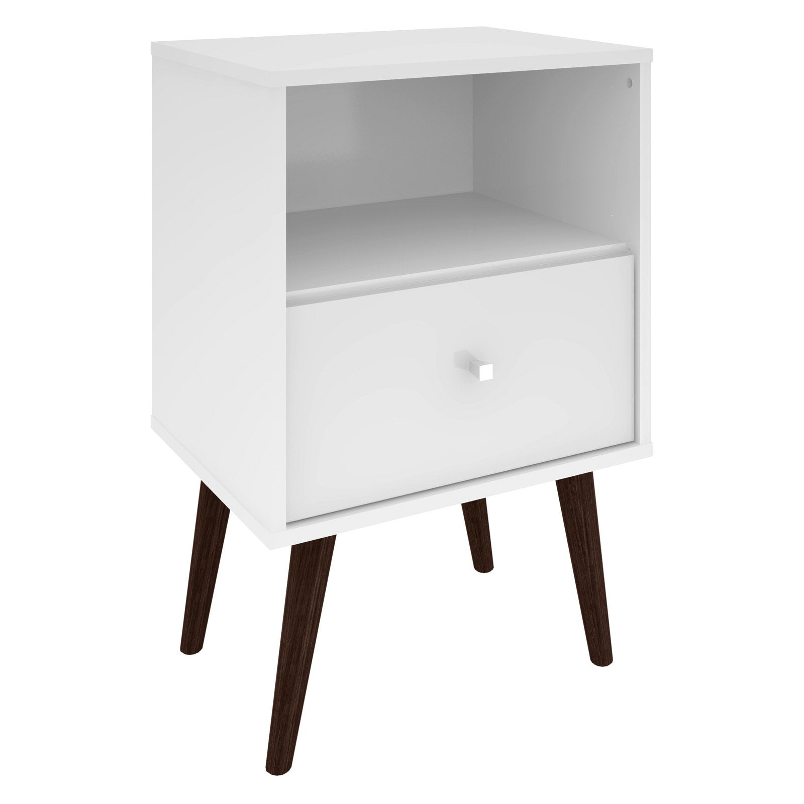 Manhattan Comfort Liberty Mid Century - Modern Nightstand 1.0 with 1 Cubby Space and 1 Drawer in White and Rustic Brown with Solid Wood Legs