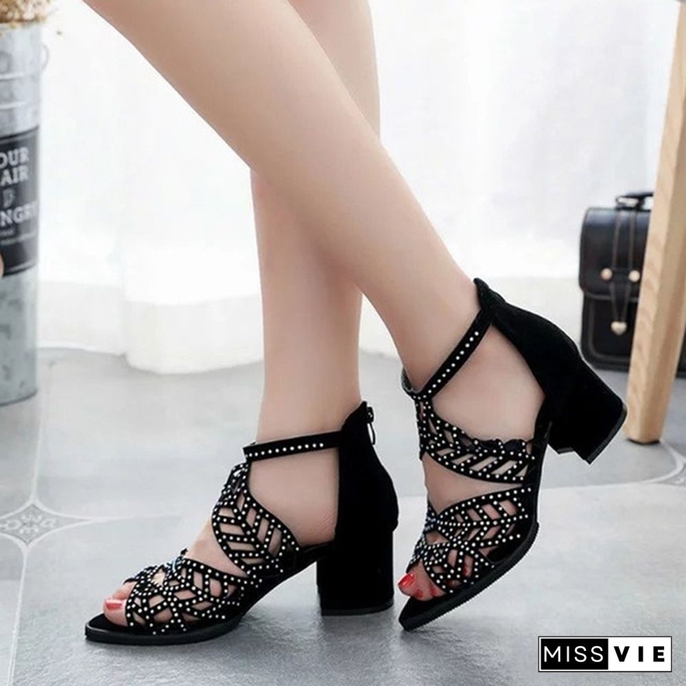 Summer Women Black Rhinestone Wedge Heel Sandals Fashion Fish Mouth Pumps Hollow Out Shoes