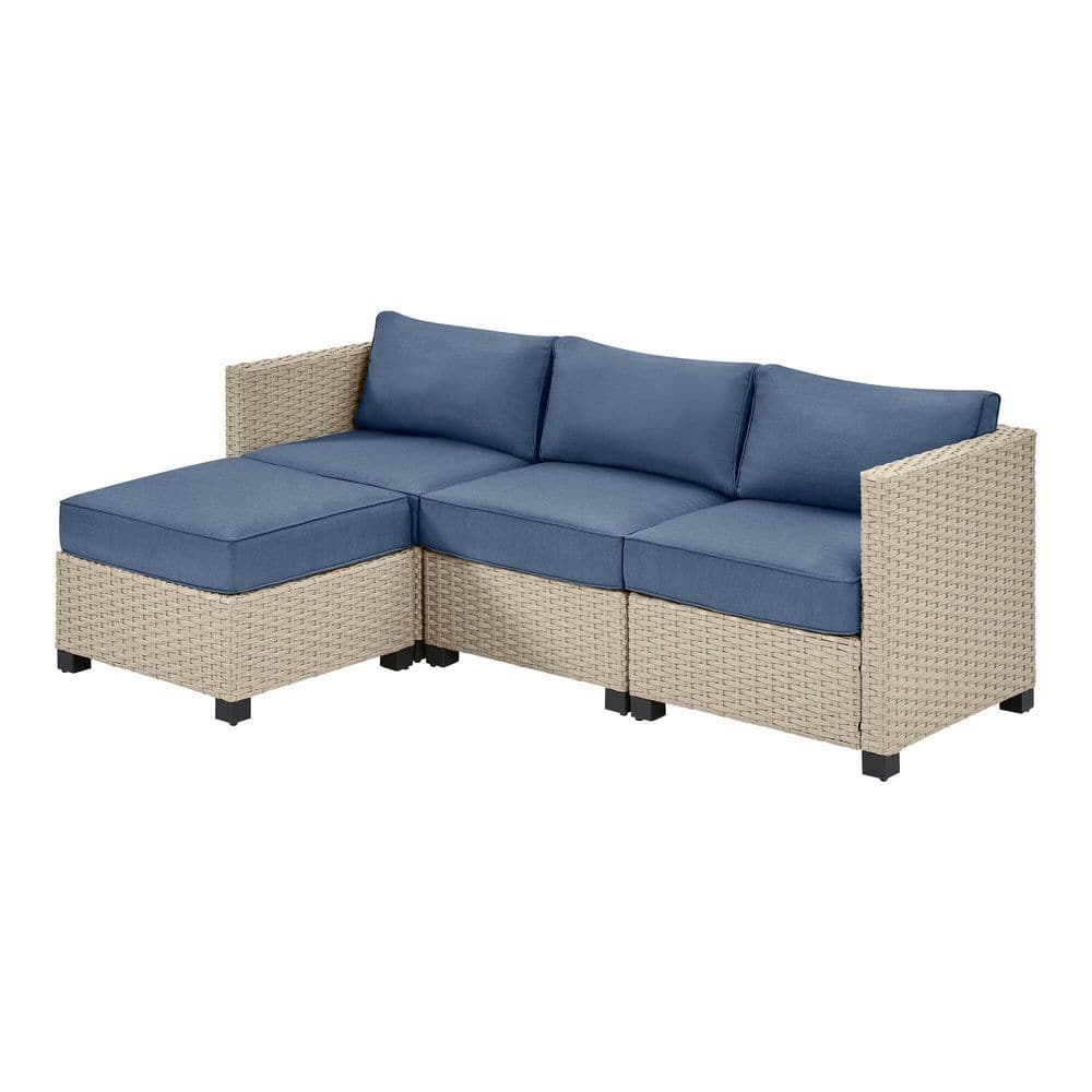 StyleWell Sandpiper Beige Stationary 4-Piece Wicker Patio Sectional Seating Set with Lake Blue Cushions DE22869707172