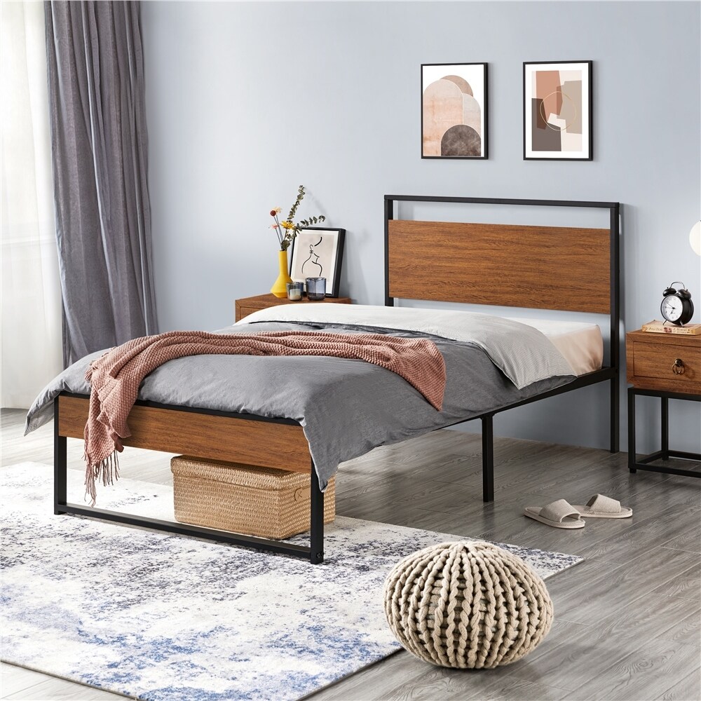 Yaheetech Rustic Metal Platform Bed Frame Sturdy Slatted Bed Base