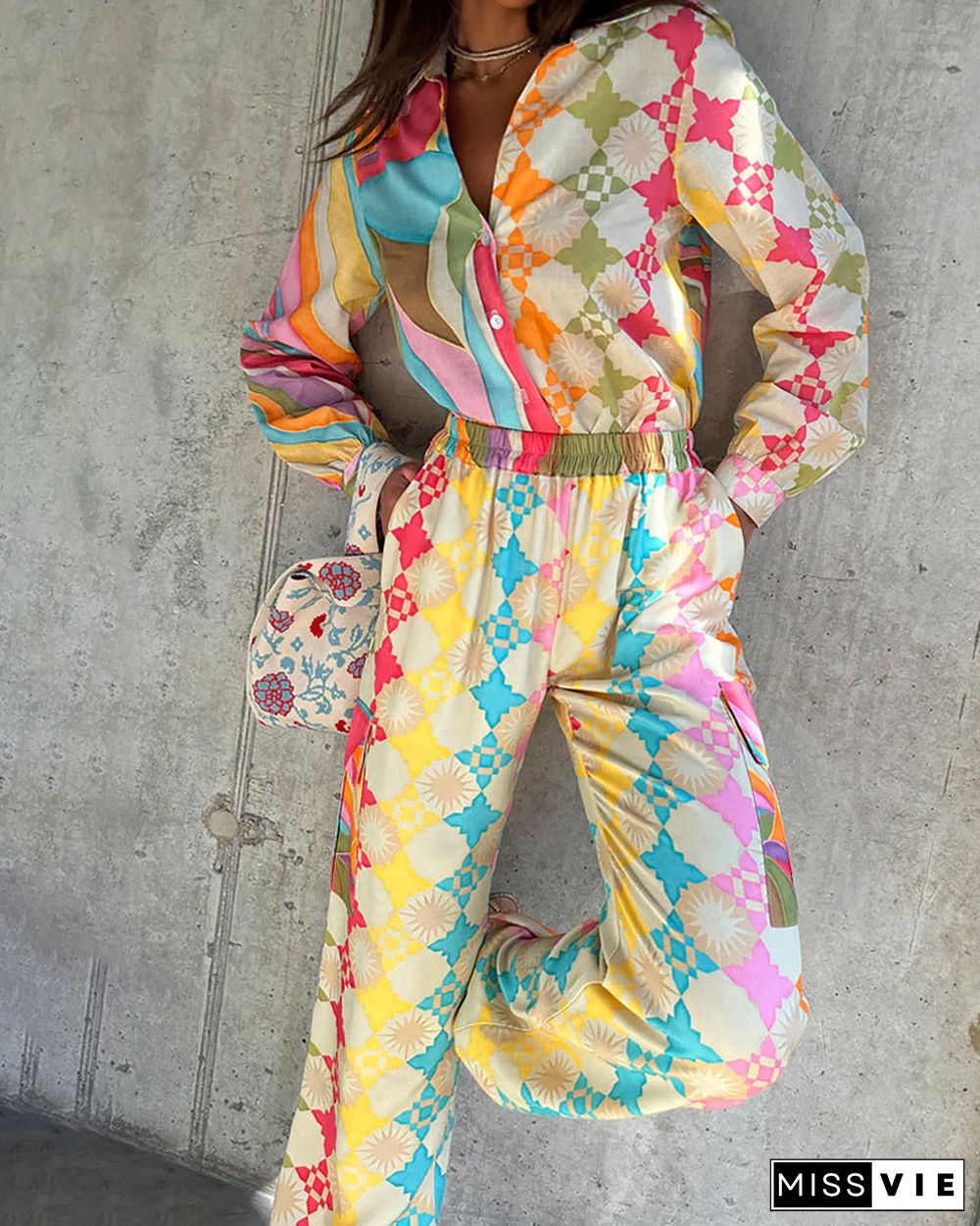 Fashion Colorful Graphic Print Shirt & Pants Two-piece Set