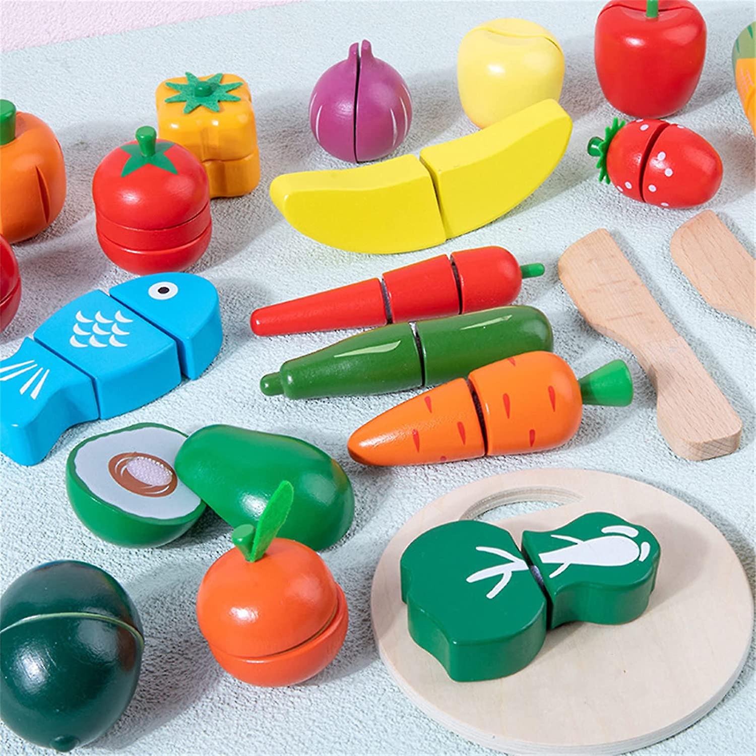 Baicccf Wooden Play Food For Kids Kitchen Cutting Fruits Toys For Toddlers Pretend Vegetables Gift For Boys Girls Educational Toys Rot