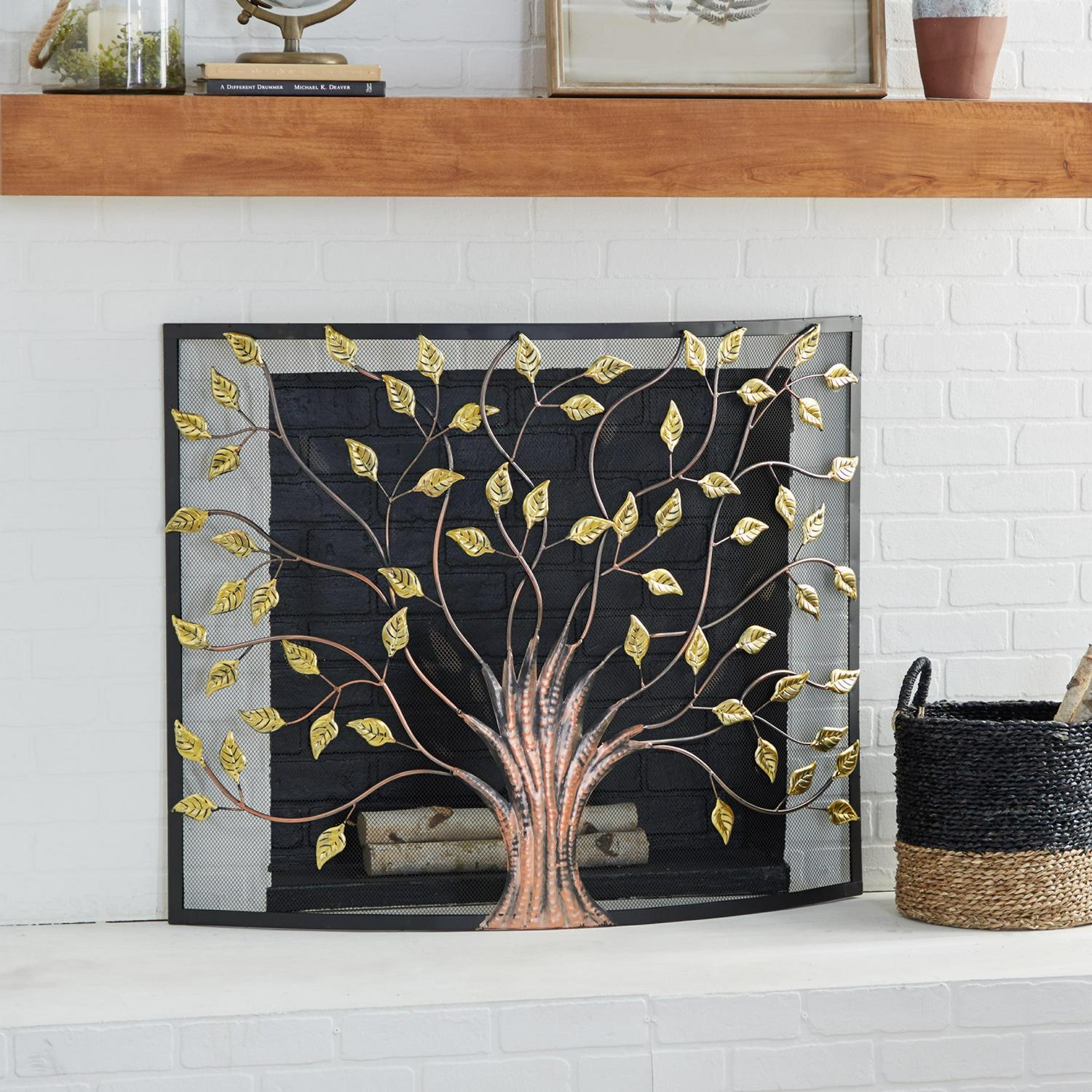 Dec Mode Farmhouse Metal Fireplace Screen with Brown and Green Tree Detail， 39 W x 33 H， Black Frame