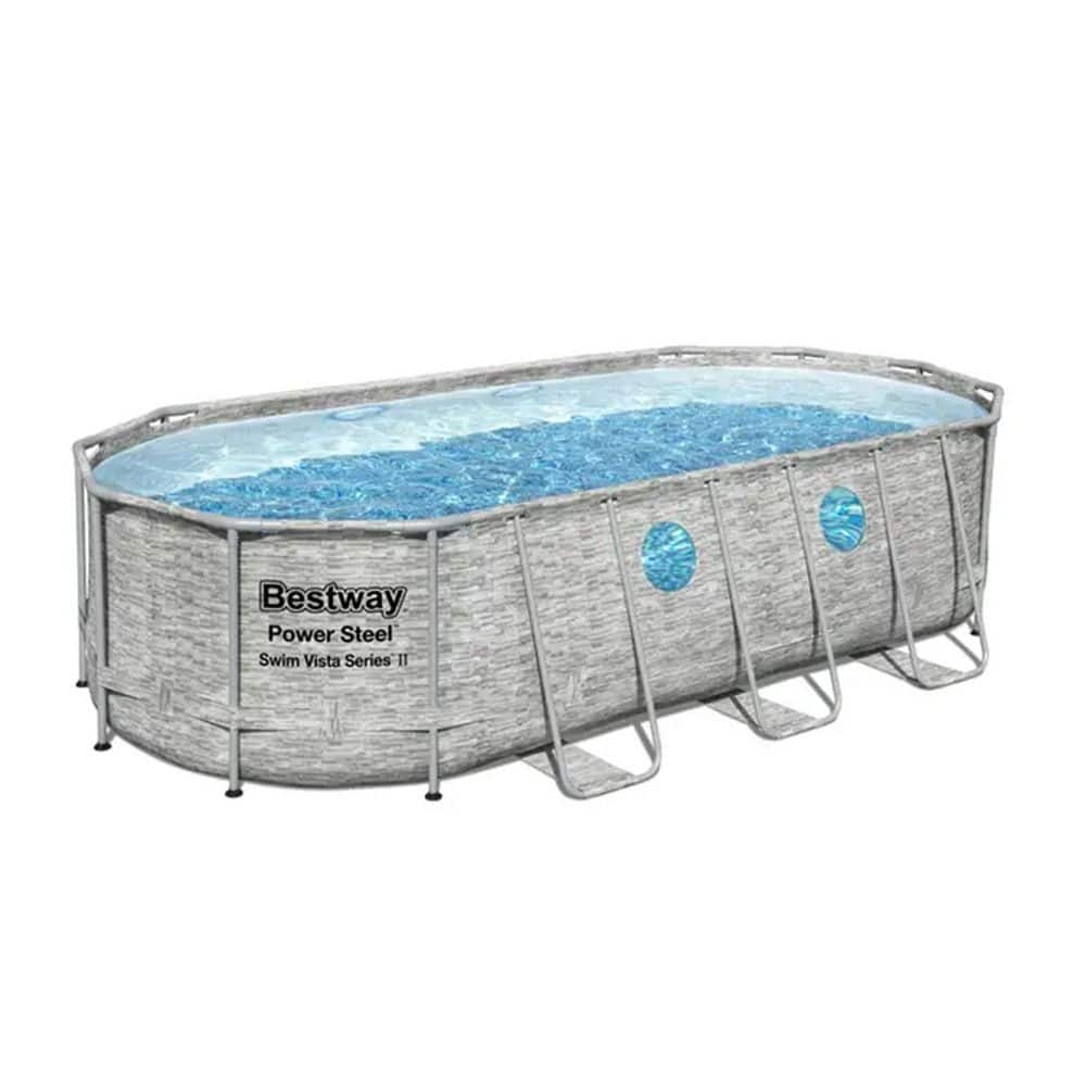 Bestway 18 ft. x 9 ft. Oval-Shaped 48 in. D Metal Frame Pool Swimming Pool Set with Pump and Maintenance Kit 56717E-BW + 58234E-BW