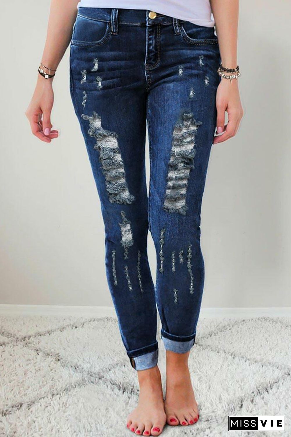 Blue Mid Rise Distressed Ripped Holes Skinny Jeans